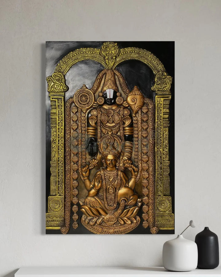 3X2 feet Tirupati Balaji with Goddess Lakshmi 3D Wall Art Relief Mural Golden Bronze