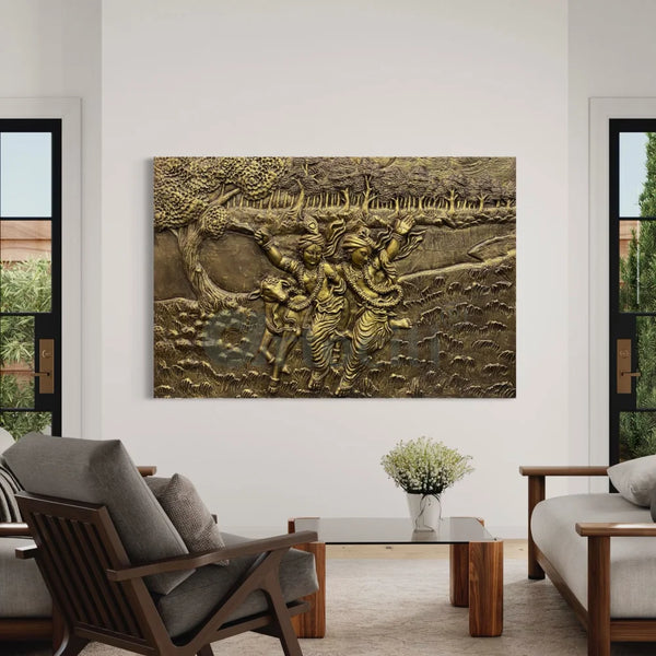 3x4.5 Feet Lord Krishna & Balaram 3D Relief Mural Wall Art 3X4.5 Feet / Gold