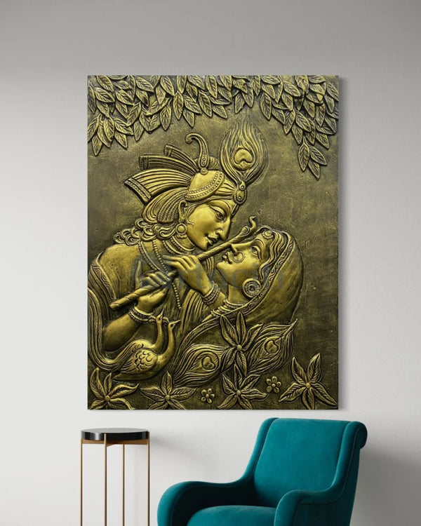 (44x33 Inches) Radha Krishna 3D Relief Mural Wall Art Golden