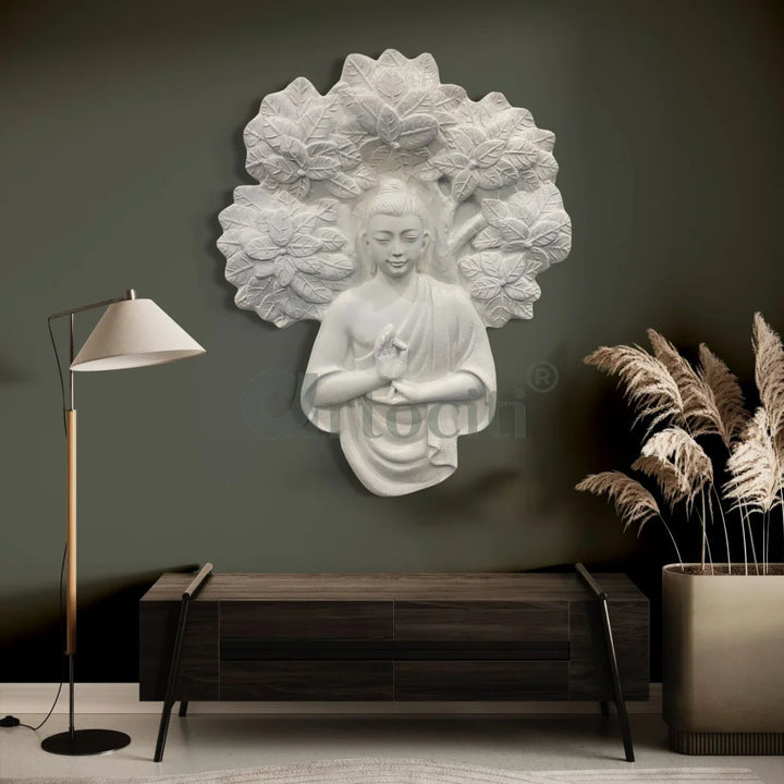 45X36 Inch Blessing Buddha Under Tree 3D Relief Mural Wall Art 45X36 Inch / White