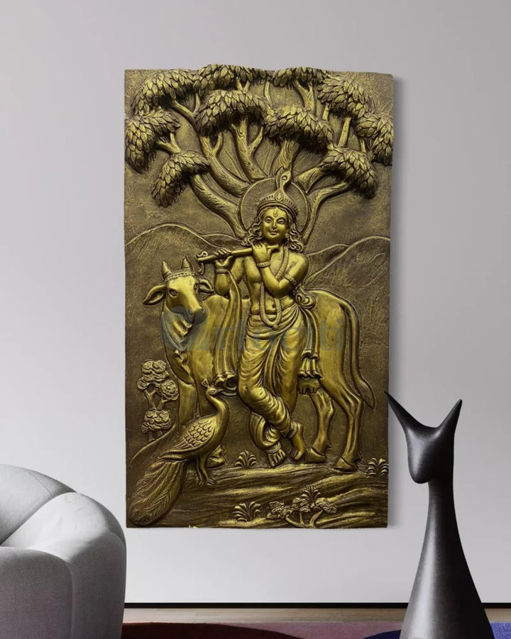 48x28 Inches Krishna with Cow 3D Relief Mural