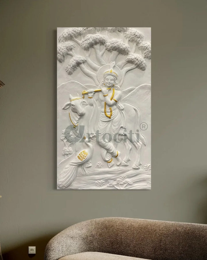 48x28 Inches Krishna with Cow 3D Relief Mural