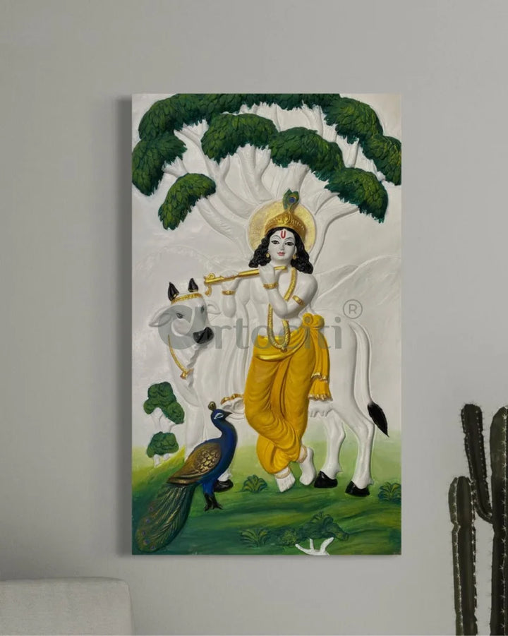 48x28 Inches Krishna with Cow 3D Relief Mural