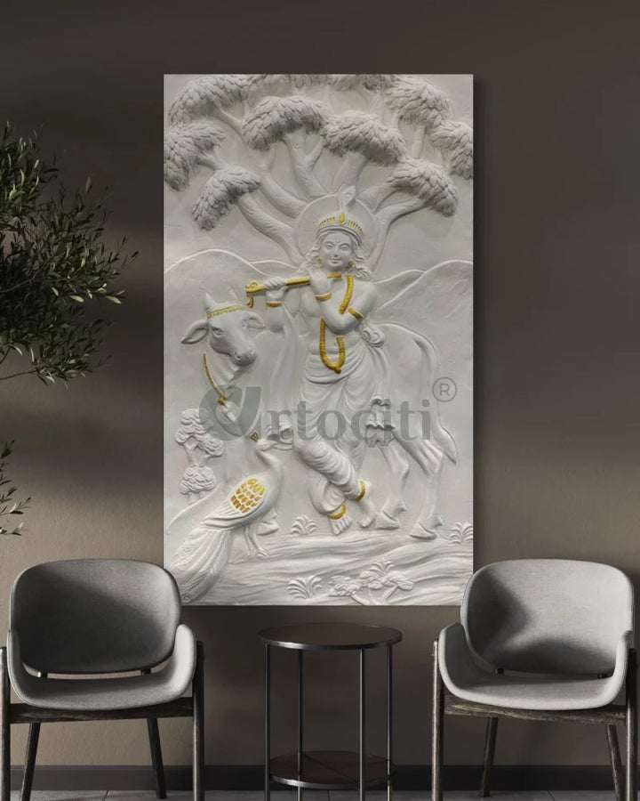 48x28 Inches Krishna with Cow 3D Relief Mural