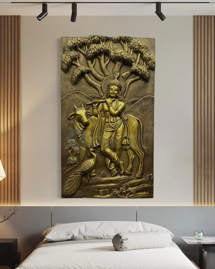 48x28 Inches Krishna with Cow 3D Relief Mural