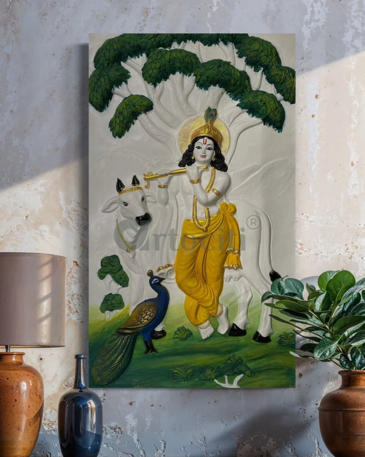 48x28 Inches Krishna with Cow 3D Relief Mural