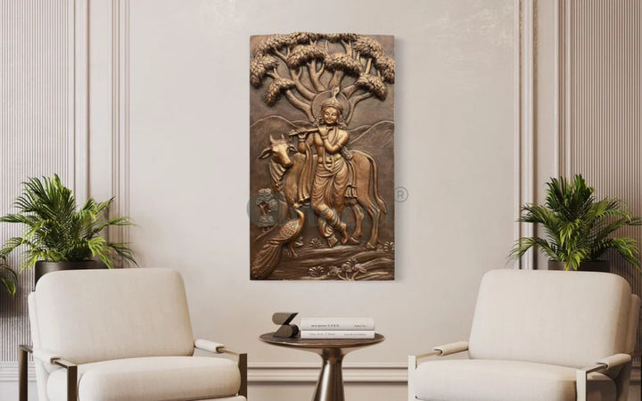 48x28 Inches Krishna with Cow 3D Relief Mural