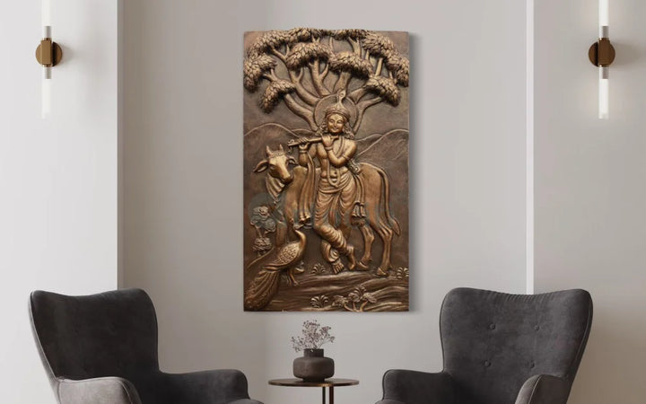 48x28 Inches Krishna with Cow 3D Relief Mural