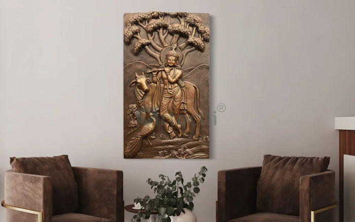 48x28 Inches Krishna with Cow 3D Relief Mural Bronze