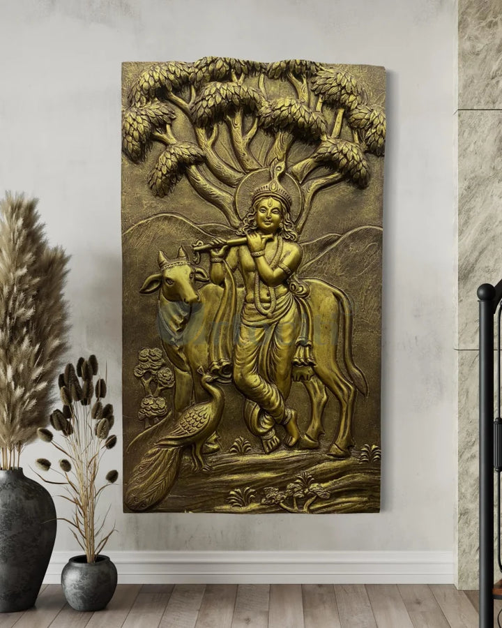 48x28 Inches Krishna with Cow 3D Relief Mural Golden