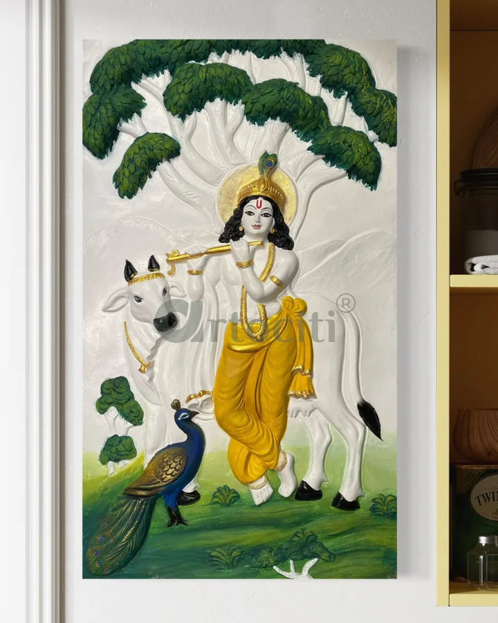 48x28 Inches Krishna with Cow 3D Relief Mural Multi