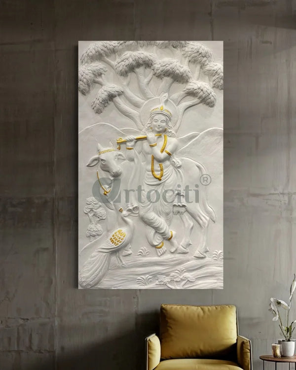 48x28 Inches Krishna with Cow 3D Relief Mural White with golden highlights