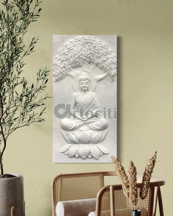 4x2 Feet Buddha Under Tree 3D Relief Mural Wall Art 4X2 Feet / White