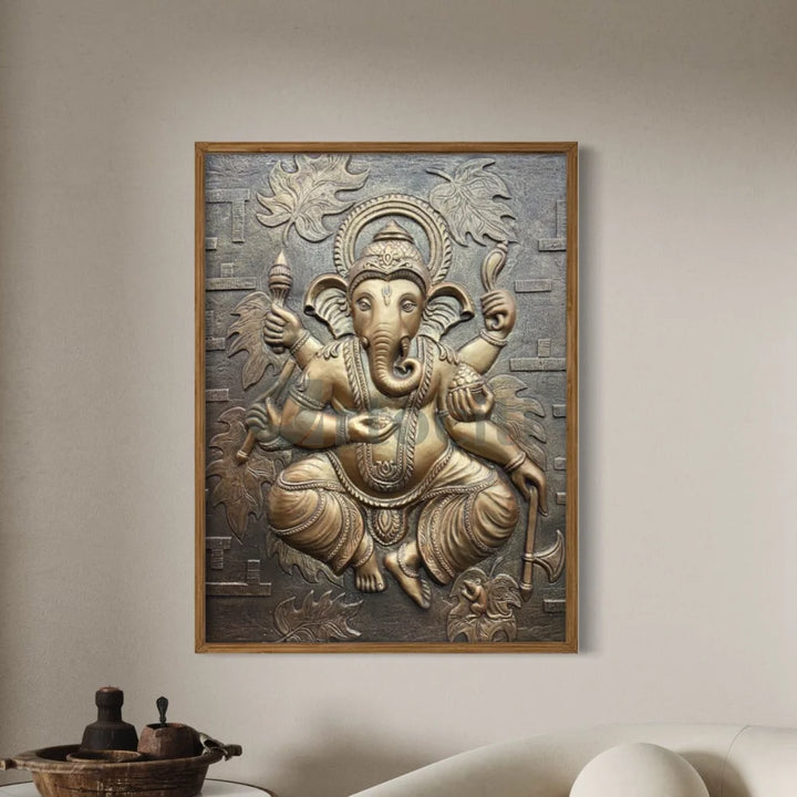 4x3 Feet Dancing Ganesha 3D Relief Mural Wall Art Bronze / Framed Ganesha Wall Decor