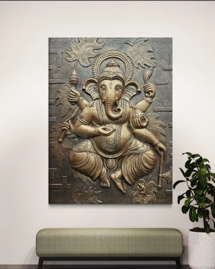 4x3 Feet Dancing Ganesha 3D Relief Mural Wall Art Bronze / Unframed (ready to hang) Ganesha Wall Decor