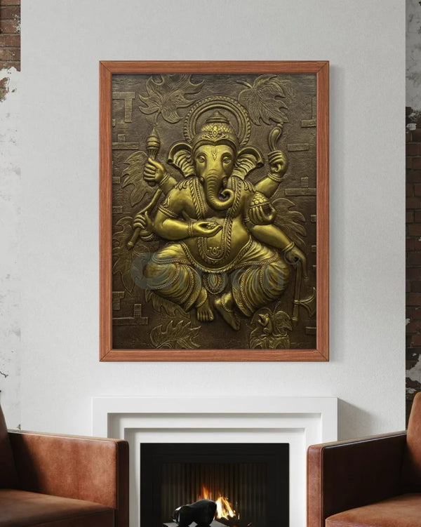 4x3 Feet Dancing Ganesha 3D Relief Mural Wall Art Golden / Framed Ganesha Wall Decor
