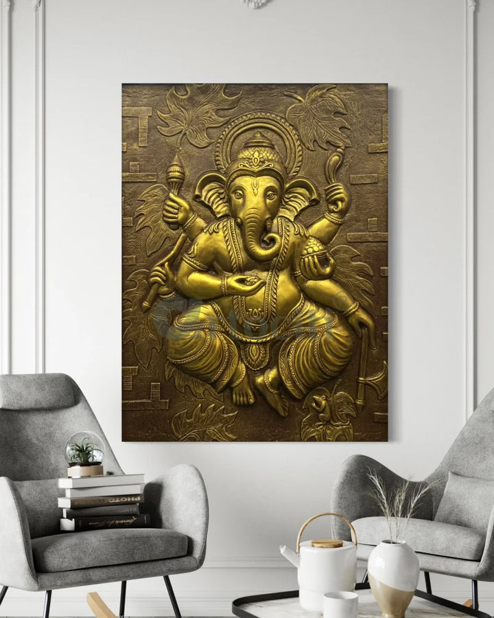4x3 Feet Dancing Ganesha 3D Relief Mural Wall Art Golden / Unframed (ready to hang) Ganesha Wall Decor
