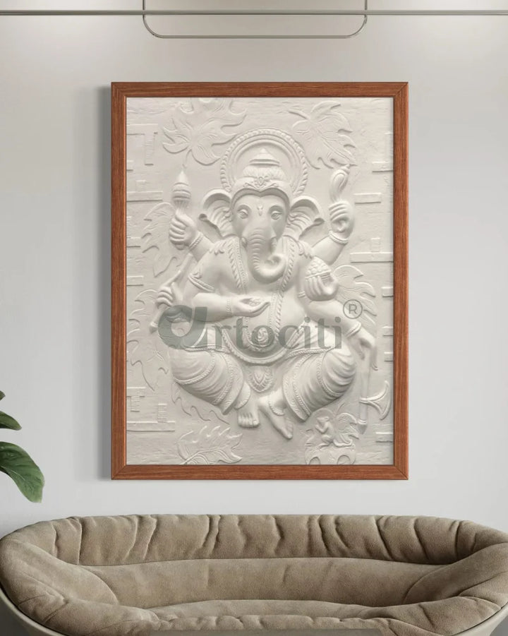 4x3 Feet Dancing Ganesha 3D Relief Mural Wall Art White / Framed Ganesha Wall Decor