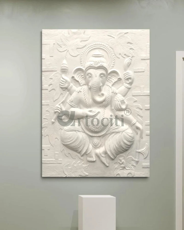 4x3 Feet Dancing Ganesha 3D Relief Mural Wall Art White / Unframed (ready to hang) Ganesha Wall Decor