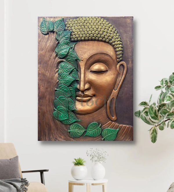 4x3 Feet Large size 3D Buddha with Green Leaves Relief Mural Wall Art Buddha Wall Decor