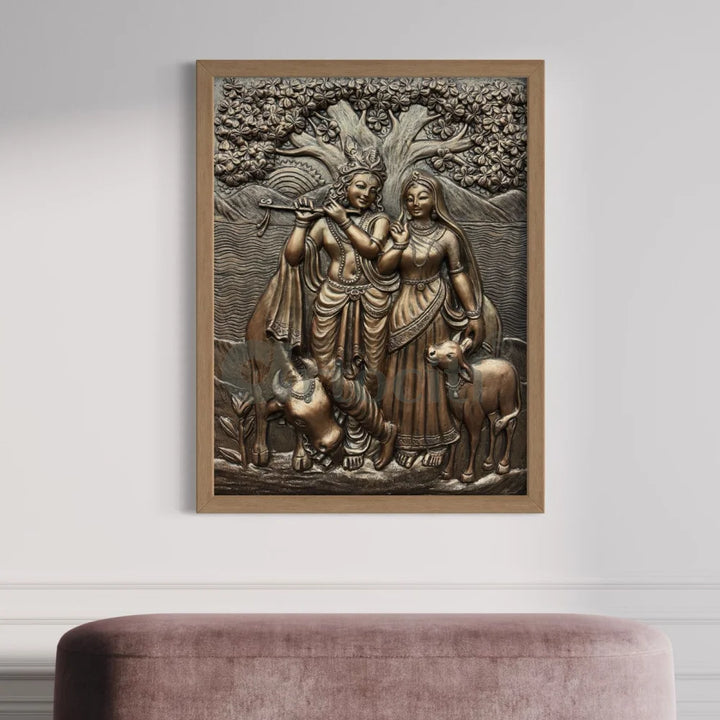 4x3 Feet Radha Krishna 3D Elevation Sculpture Relief Mural Wall Art Bronze / Framed (Ready to Hang)
