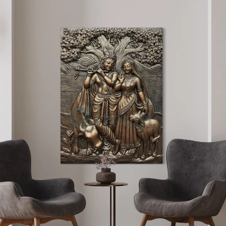 4x3 Feet Radha Krishna 3D Elevation Sculpture Relief Mural Wall Art Bronze / Frameless (Ready to Hang)