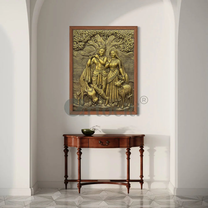 4x3 Feet Radha Krishna 3D Elevation Sculpture Relief Mural Wall Art Golden / Framed (Ready to Hang)