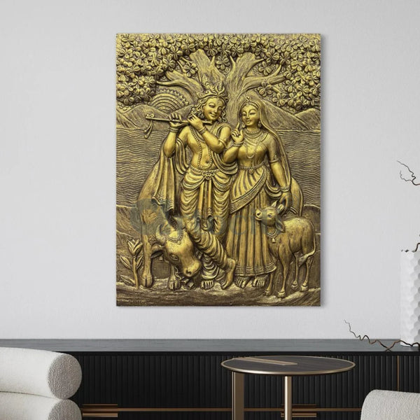 4x3 Feet Radha Krishna 3D Elevation Sculpture Relief Mural Wall Art Golden / Frameless (Ready to Hang)