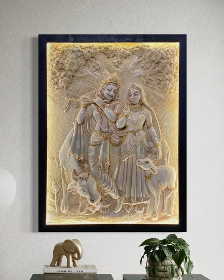 4x3 Feet Radha Krishna 3D Elevation Sculpture Relief Mural Wall Art Off White with led Black frame / Framed (Ready to