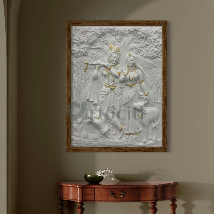 4x3 Feet Radha Krishna 3D Elevation Sculpture Relief Mural Wall Art White with golden highlights / Framed (Ready to