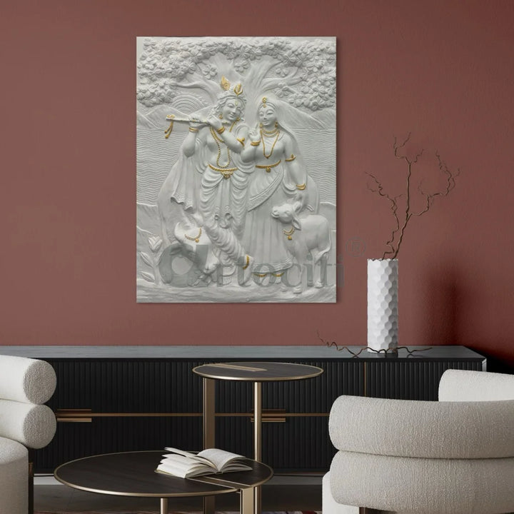 4x3 Feet Radha Krishna 3D Elevation Sculpture Relief Mural Wall Art White with golden highlights / Frameless (Ready to