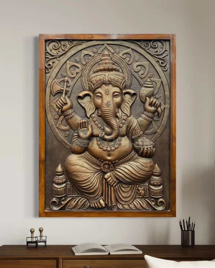 4x3 Feet Sitting Ganesha 3D Elevation Relief Mural Wall Art Ganesha Wall Decor