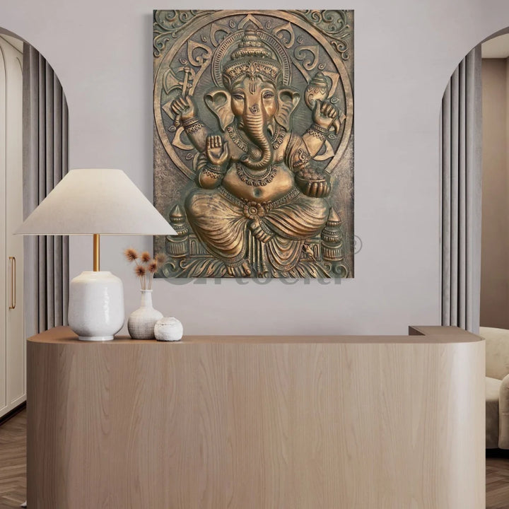 4x3 Feet Sitting Ganesha 3D Elevation Relief Mural Wall Art Bronze Patina / Frameless (ready to hang) Ganesha Wall Decor