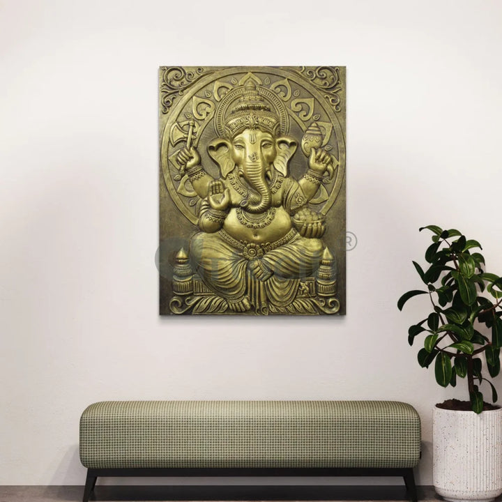 4x3 Feet Sitting Ganesha 3D Elevation Relief Mural Wall Art Golden / Frameless (ready to hang) Ganesha Wall Decor