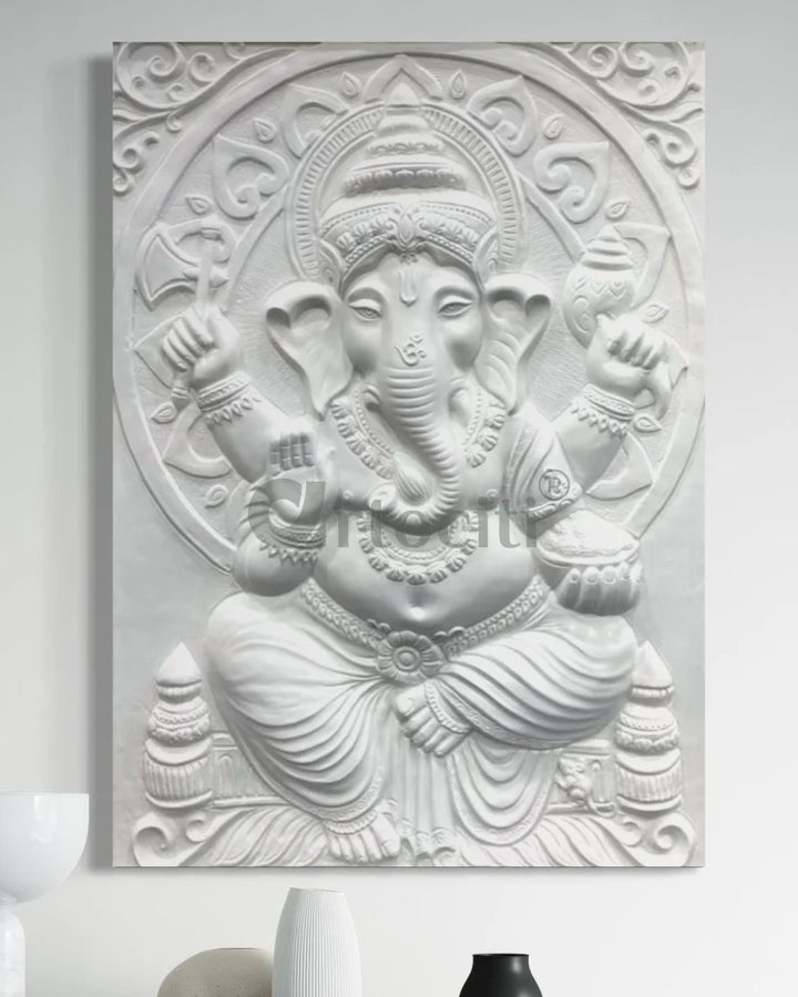 4x3 Feet Sitting Ganesha 3D Elevation Relief Mural Wall Art White / Frameless (ready to hang) Ganesha Wall Decor