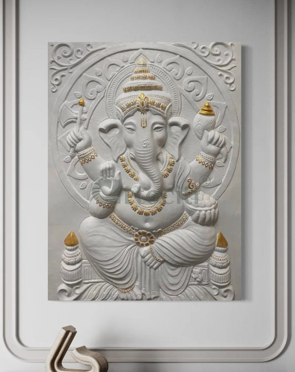 4x3 Feet Sitting Ganesha 3D Elevation Relief Mural Wall Art White With Golden Highlight / Frameless (ready to hang)