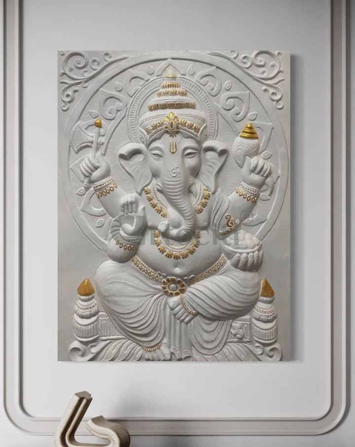 4x3 Feet Sitting Ganesha 3D Elevation Relief Mural Wall Art White With Golden Highlight / Frameless (ready to hang)