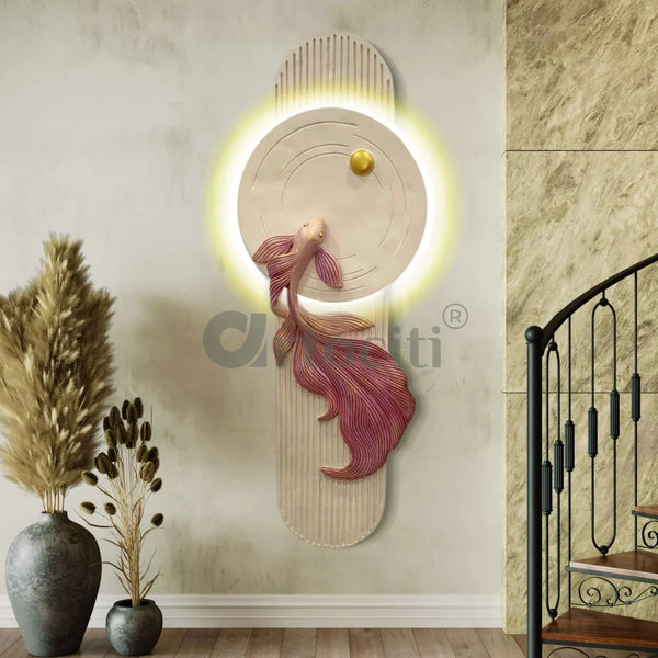 5X2 Feet Koi Fish 3d Abstract Relief Mural | Fish Wall Art | LED Light Installed 5X2 Feet