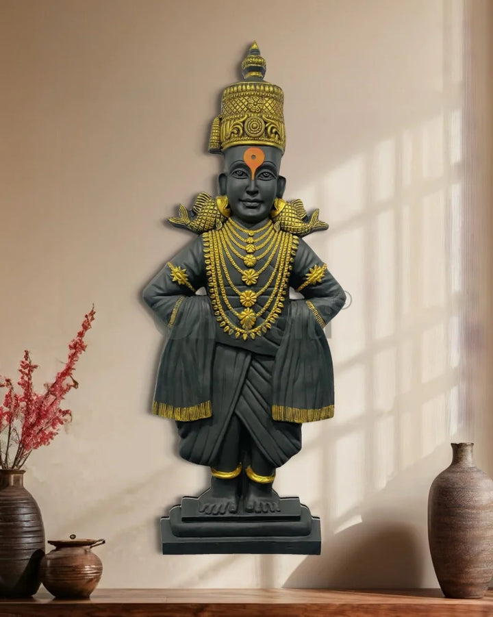 5X2 Feet Lord Vitthal Relief Mural Wall Art | Vithoba | Panduranga 5X2 Feet / Carbon Black with Golden Highlight