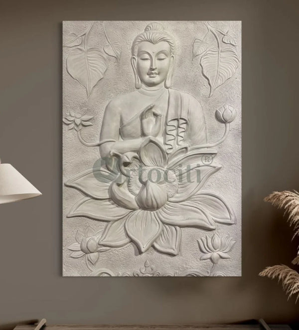 5X3.5 feet Blessing Buddha with Lotus 3D Relief Mural Buddha Wall Decor