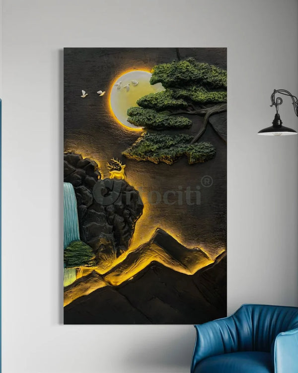 5X3 Feet Modern Abstract Mountain Tree and Sun 3d Relief Mural Wall Art With Led Light | Nature Inspired 5X3 Feet