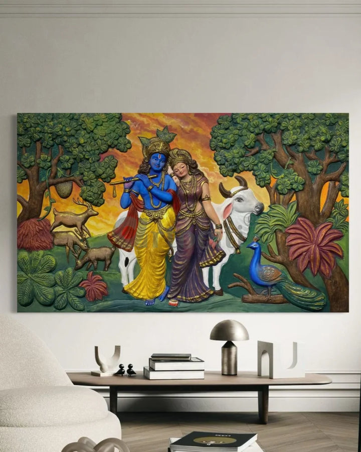 5x3 Feet Radha Krishna 3D Elevation Sculpture Relief Mural Wall Art
