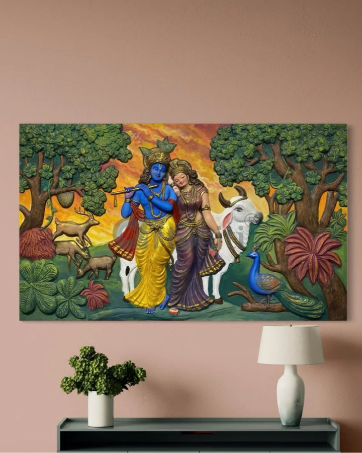 5x3 Feet Radha Krishna 3D Elevation Sculpture Relief Mural Wall Art