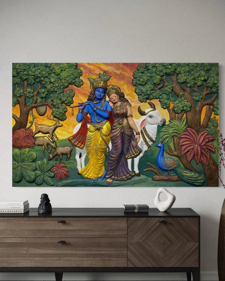 5x3 Feet Radha Krishna 3D Elevation Sculpture Relief Mural Wall Art
