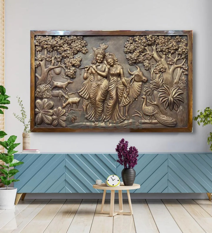 5x3 Feet Radha Krishna 3D Elevation Sculpture Relief Mural Wall Art Bronze / Framed (Ready to Hang) / 5x3 Feet