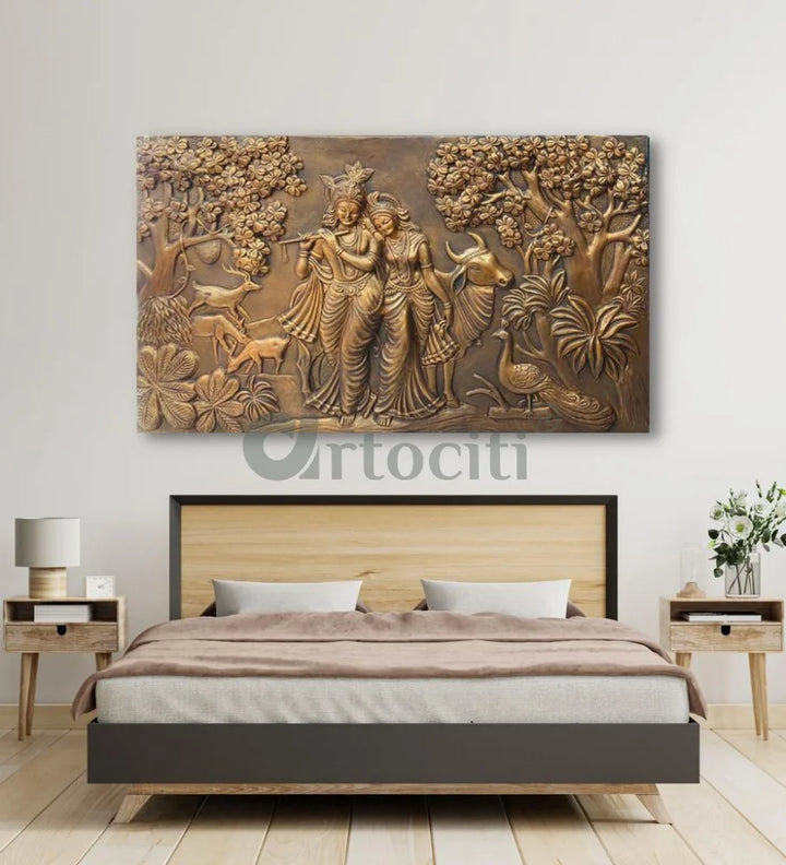 5x3 Feet Radha Krishna 3D Elevation Sculpture Relief Mural Wall Art Bronze / Frameless (Ready to Hang) / 5x3 Feet
