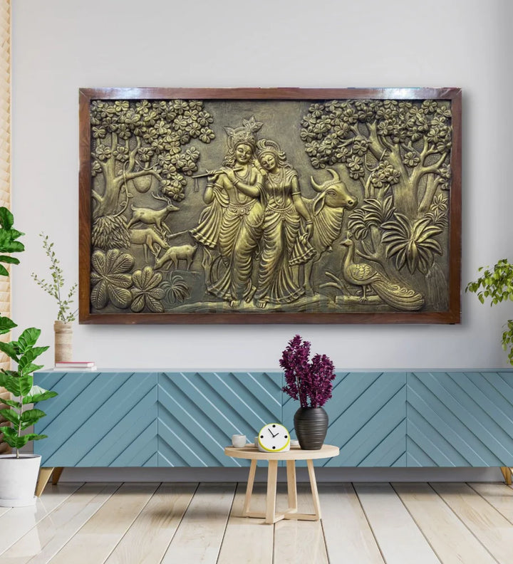 5x3 Feet Radha Krishna 3D Elevation Sculpture Relief Mural Wall Art Golden / Framed (Ready to Hang) / 5x3 Feet