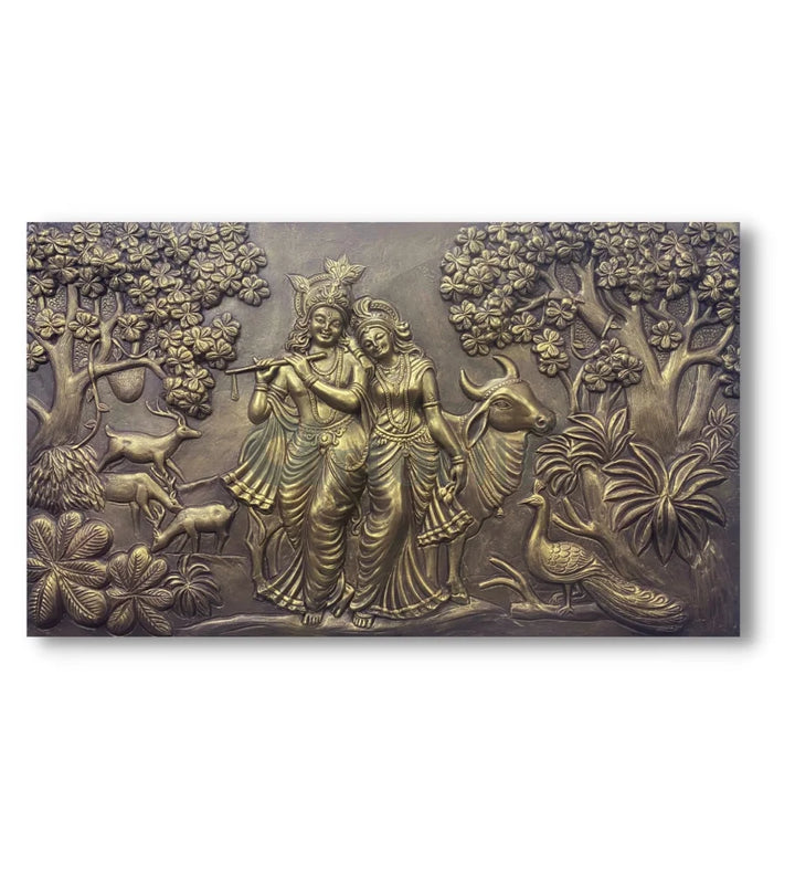 5x3 Feet Radha Krishna 3D Elevation Sculpture Relief Mural Wall Art Golden / Frameless (Ready to Hang) / 5x3 Feet