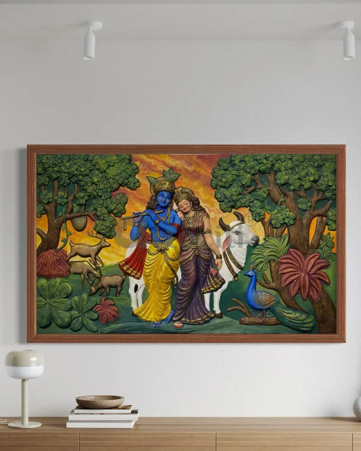 5x3 Feet Radha Krishna 3D Elevation Sculpture Relief Mural Wall Art Multi / Framed (Ready to Hang) / 5x3 Feet