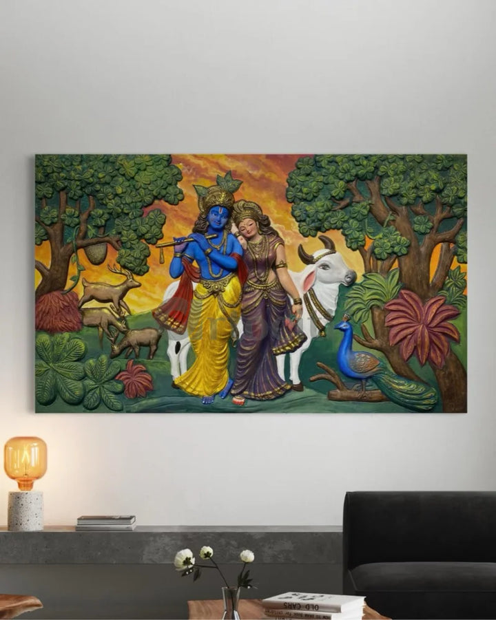 5x3 Feet Radha Krishna 3D Elevation Sculpture Relief Mural Wall Art Multi / Frameless (Ready to Hang) / 5x3 Feet